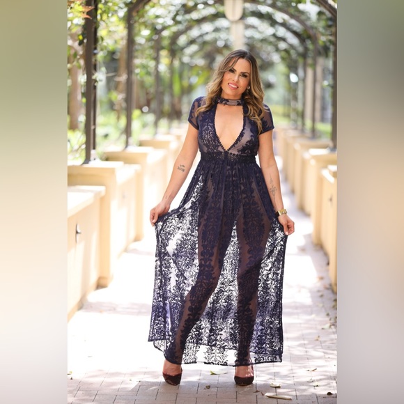 Navy Lace Dress, Open Back with button closure around neck, nude body suit - Picture 3 of 4